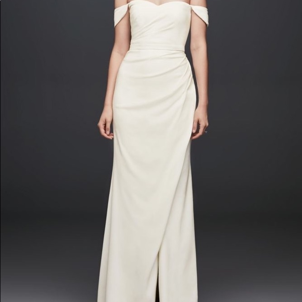 UNWORN DAVID’s BRIDAL- Off-The-Shoulder Crepe Sheath Gown